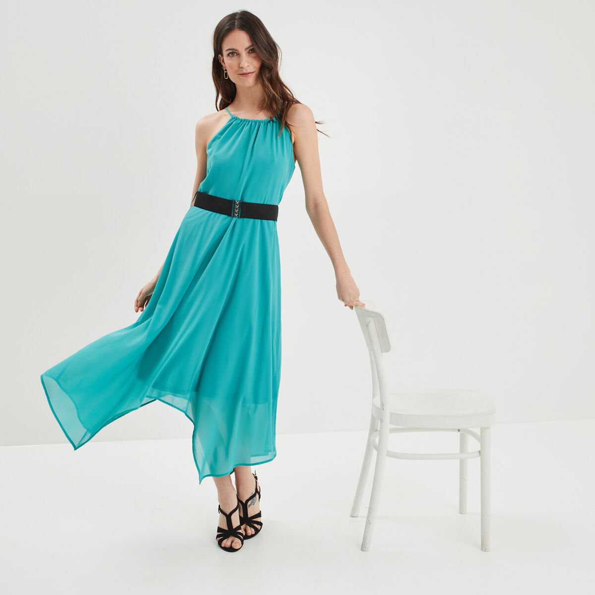 Robe longue patineuse bleu turquoise femme