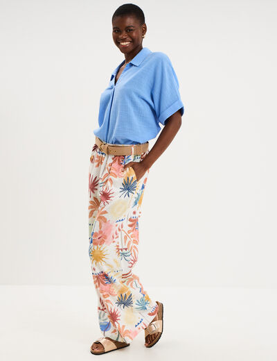 Pantalon large fluide avec ceinture ecru femme