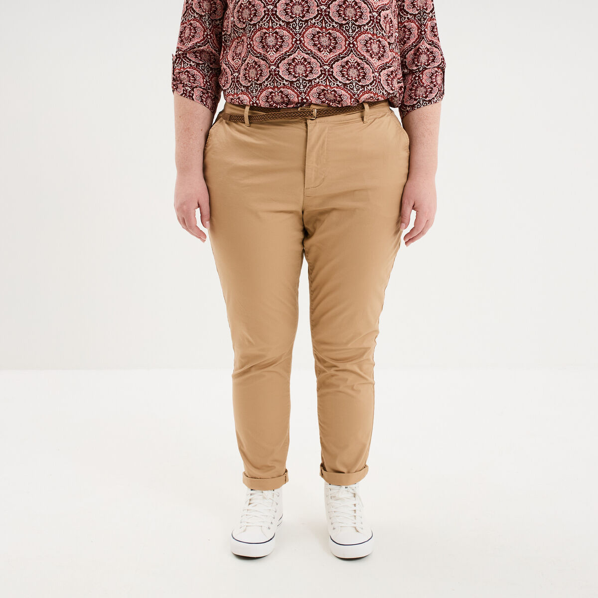 Pantalon chino taille haute coton beige femme grande taille