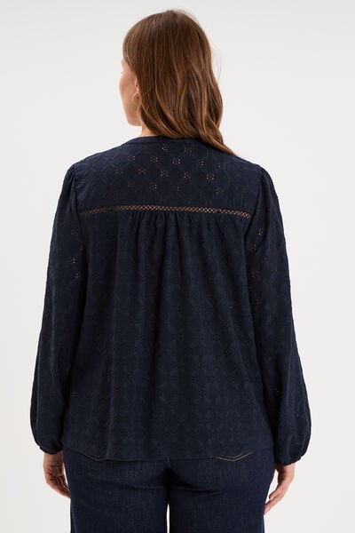 Blouse manches longues broderie anglaise bleu fonc&eacute; femme grande taille