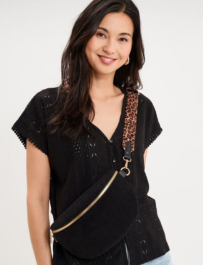 Sac banane aspect velours c&ocirc;tel&eacute; noir femme