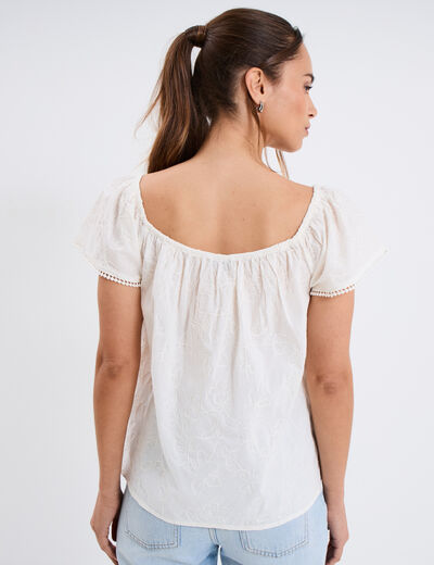 Blouse brodée col bardot coton creme femme