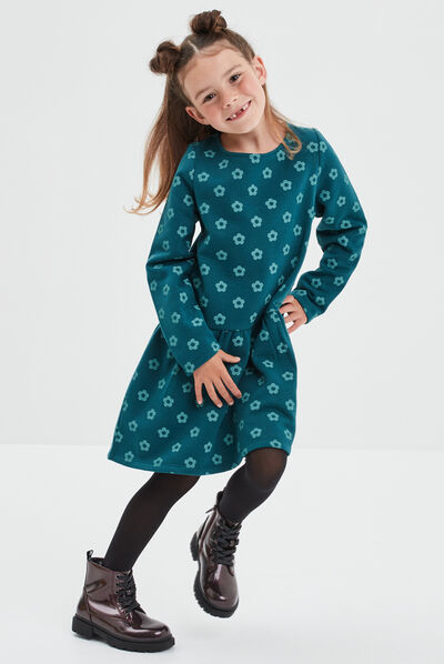 Robe molleton volantée manches longues vert foncé fille