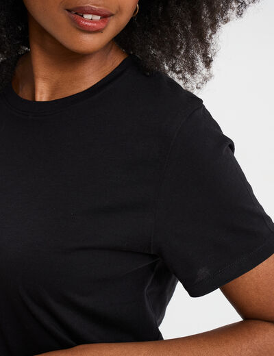 T-shirt col rond manches courtes coton noir femme