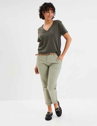 Pantalon chino 7/8&egrave;me ceinture tress&eacute;e vert kaki femme