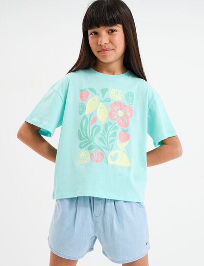 T-shirt col rond manches courtes coton bleu turquoise fille