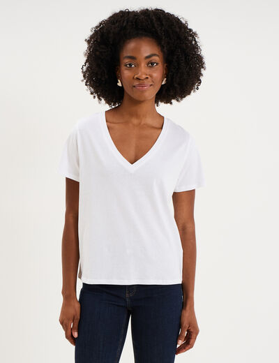 T-shirt manches courtes col en V coton blanc femme