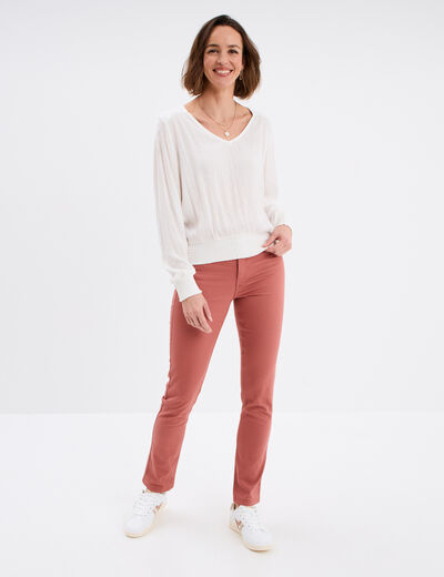 Blouse col en V taille smockée blanc femme