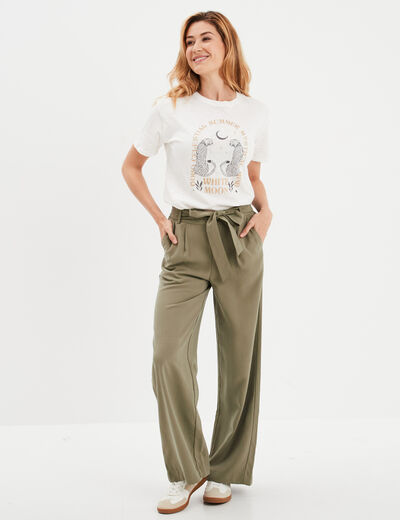 T-shirt droit manches courtes col rond ecru femme