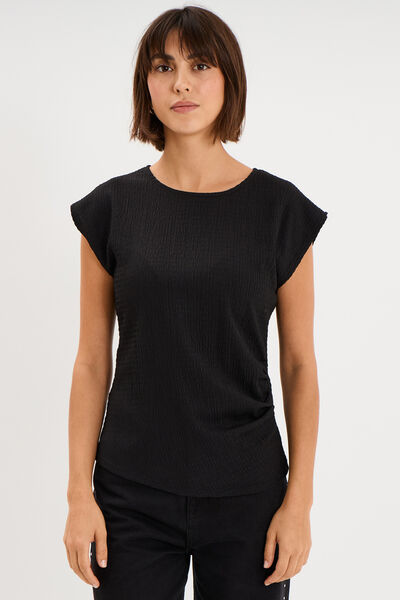 T-shirt fronc&eacute; gaufr&eacute; manches courtes noir femme