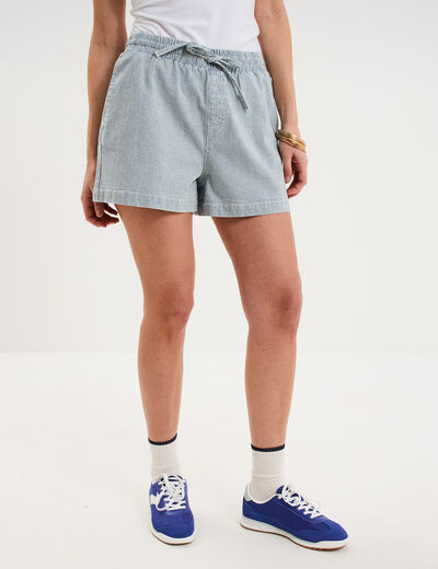 Short jogger en jean &eacute;lastiqu&eacute; blanc femme