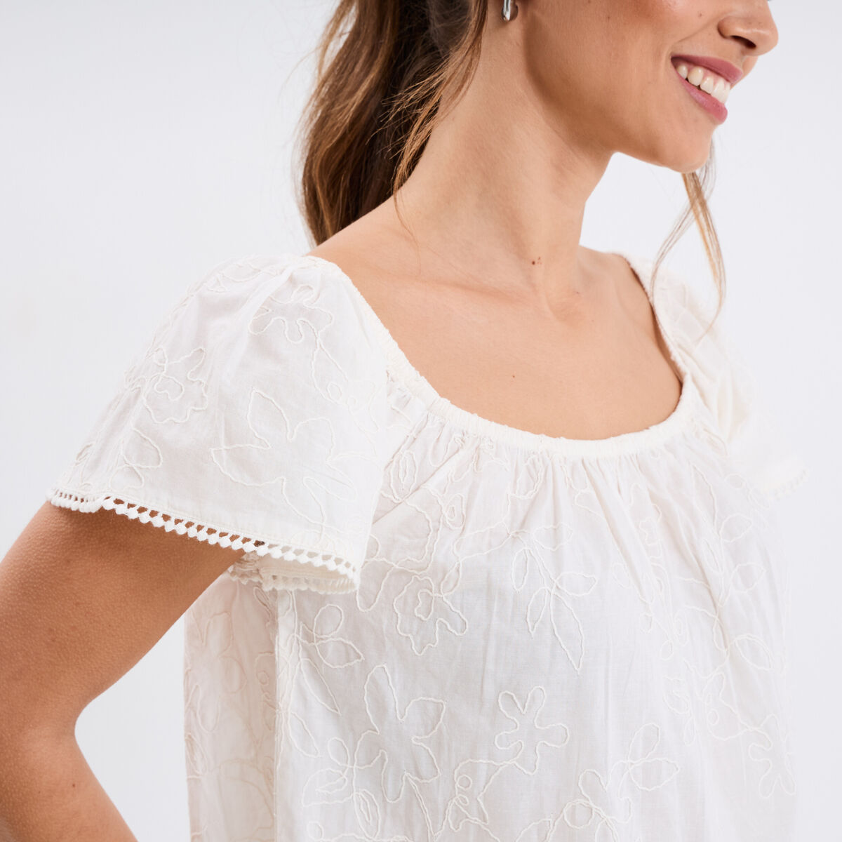 Blouse brodée col bardot coton creme femme