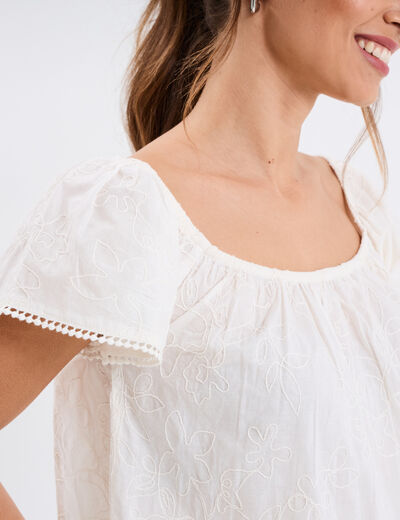 Blouse brodée col bardot coton creme femme