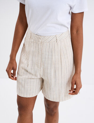 Short droit lin mélangé beige femme