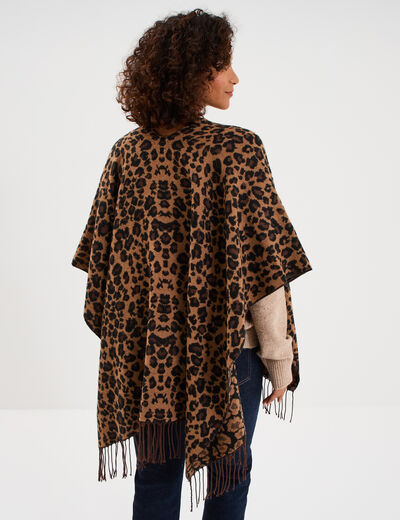 Poncho long &agrave; franges camel femme