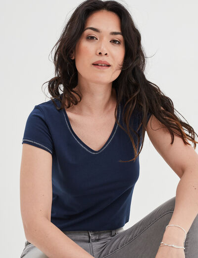 T-shirt col V ajusté manches courtes bleu marine femme
