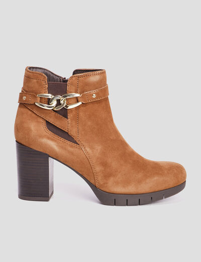 Bottines à talons avec chaînes en cuir marron femme