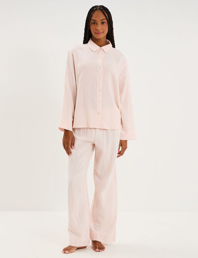Ensemble pyjama chemise gaze de coton rose clair femme