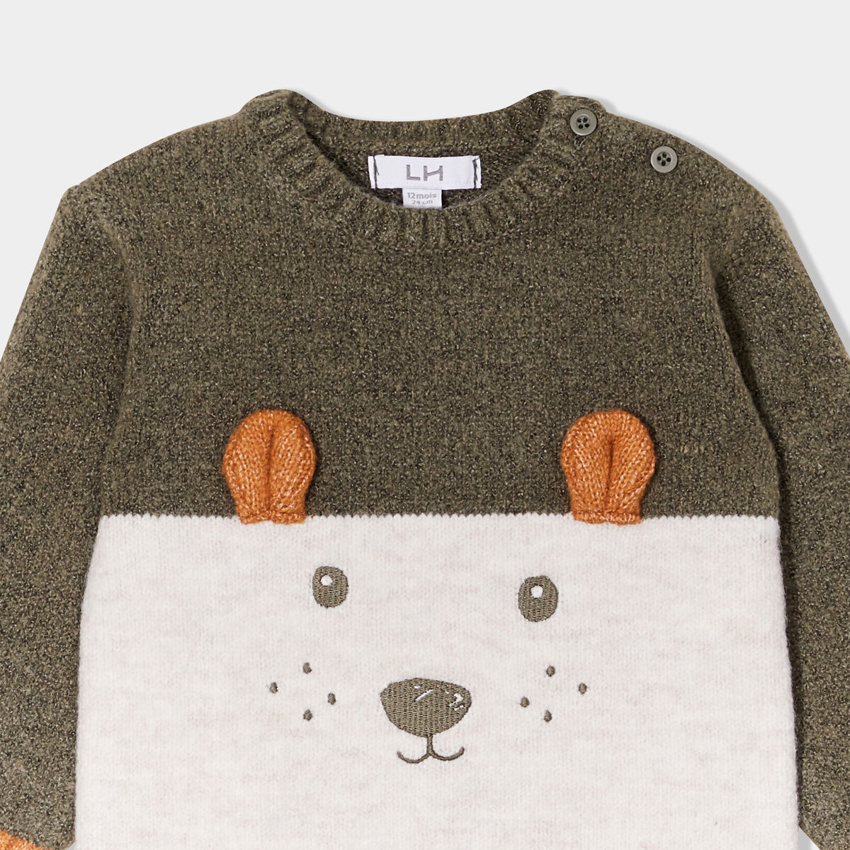 Pull épaule boutonnée col rond Kimbaloo vert kaki bébé garçon
