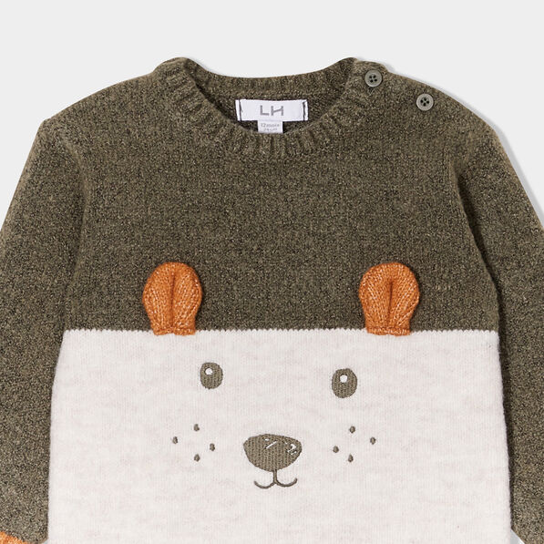 Pull épaule boutonnée col rond Kimbaloo vert kaki bébé garçon
