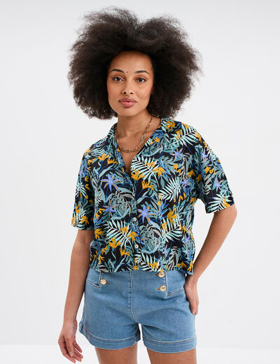 Chemise col cubain manches courtes noir femme