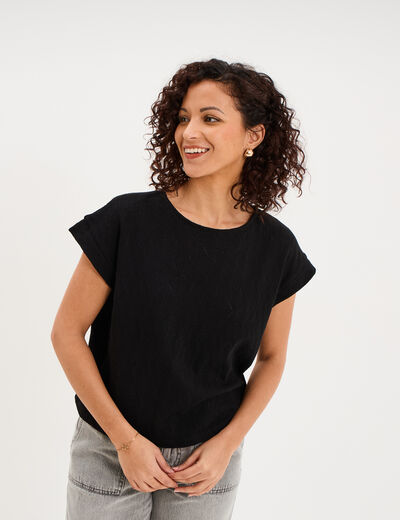 T-shirt ajour&eacute; manches courtes noir femme