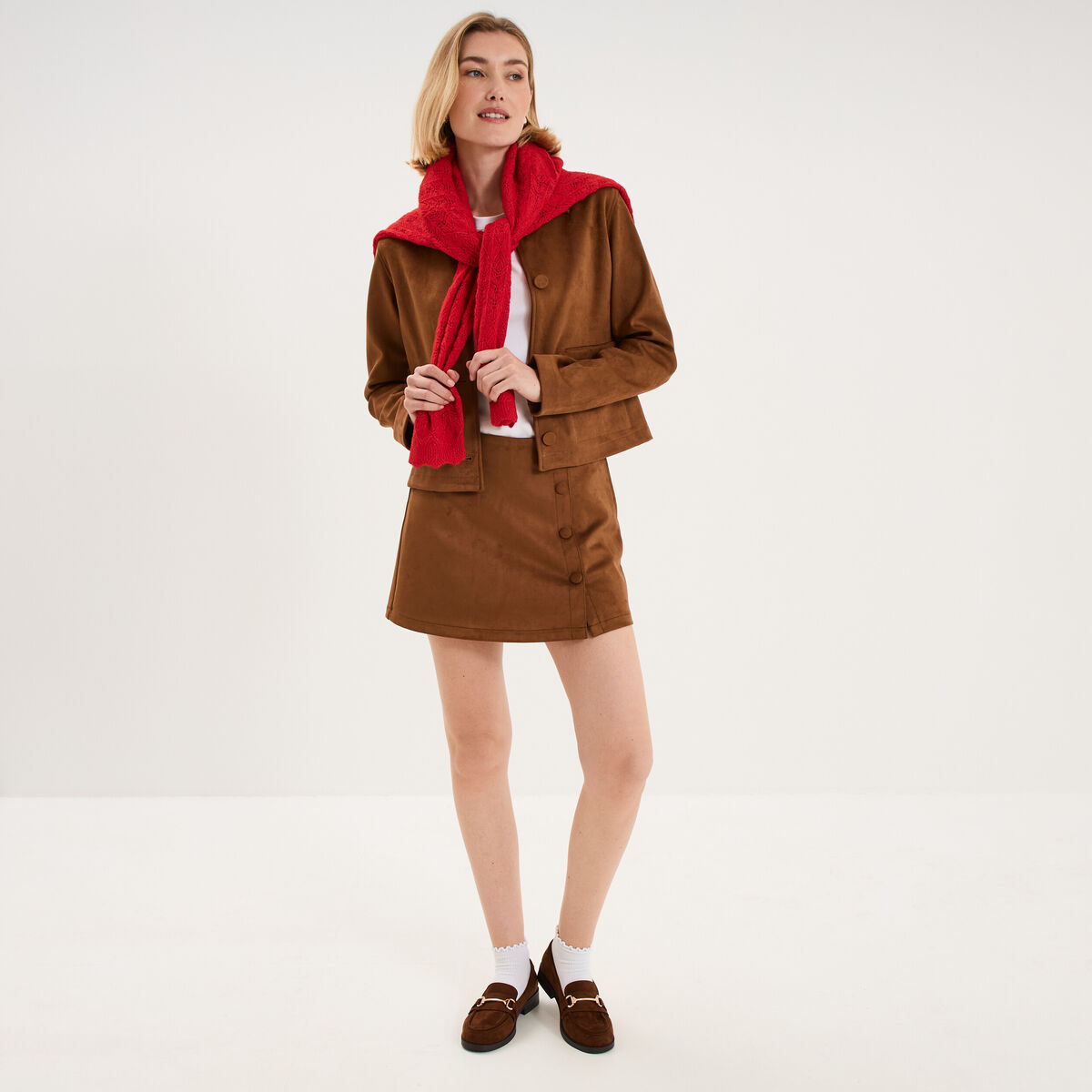 Mini-jupe su&eacute;dine boutonn&eacute;e camel femme