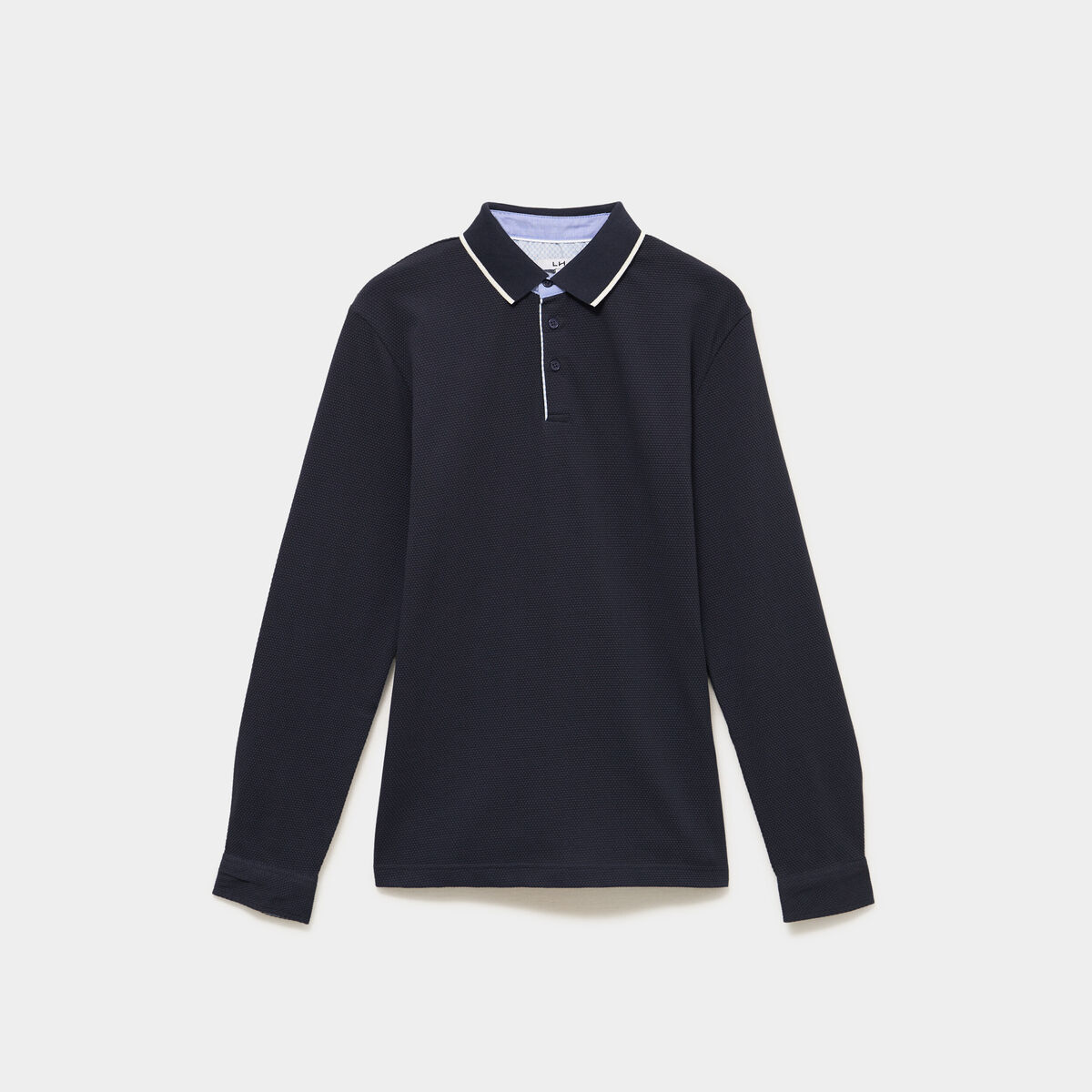 Polo piqu&eacute; droit manches longues coton bleu fonc&eacute; homme