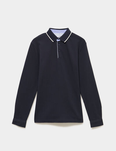 Polo piqu&eacute; droit manches longues coton bleu fonc&eacute; homme