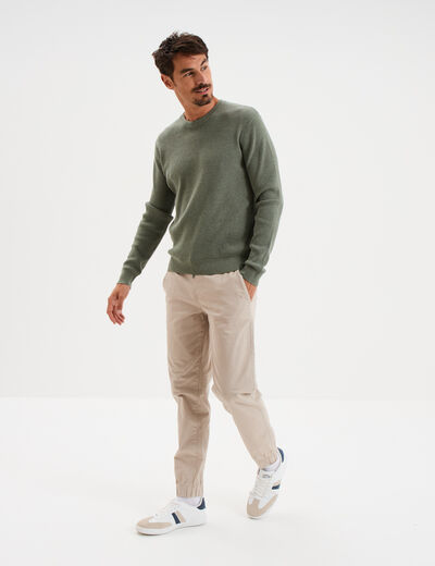 Pull avec col rond à relief vert kaki homme