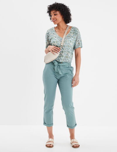 T-shirt col en V manches courtes vert pastel femme