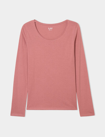T-shirt coton col rond manches longues vieux rose femme