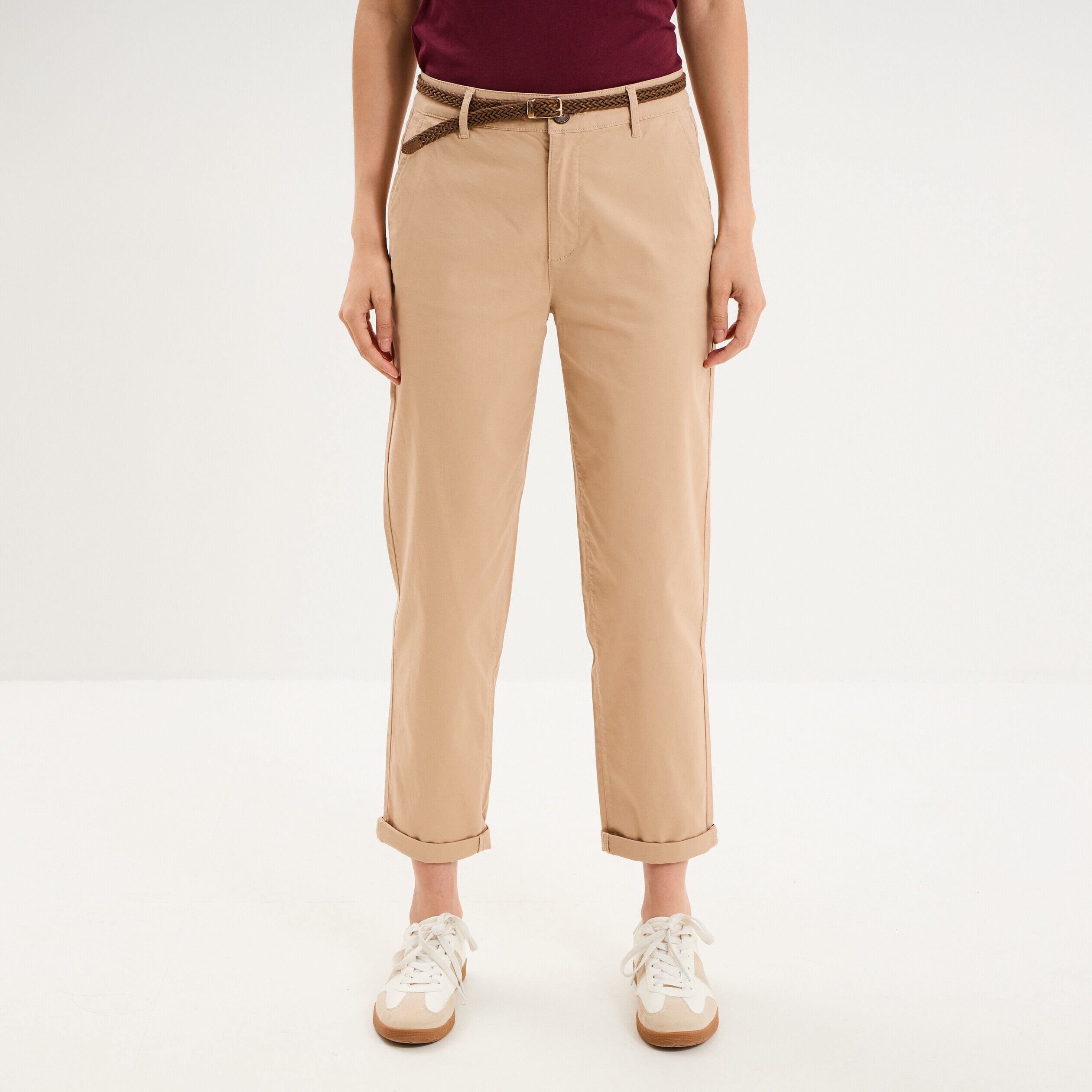 Pantalon chino regular ceinture tressée sable femme LH