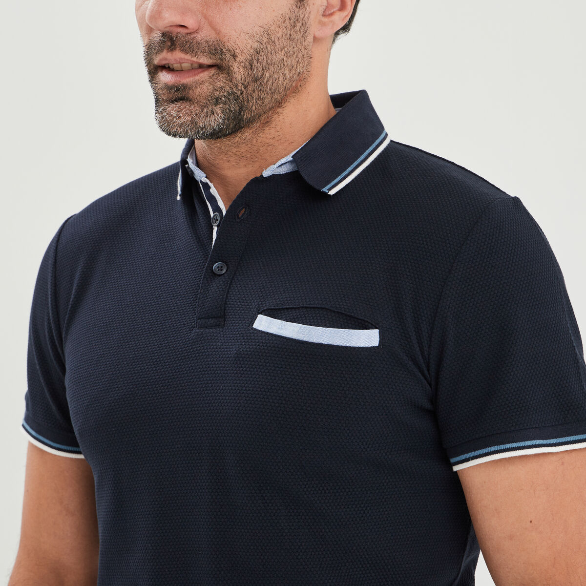 Polo piqu&eacute; manches courtes coton bleu marine homme