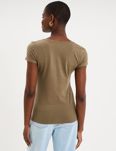 T-shirt coton col rond manches courtes vert kaki femme