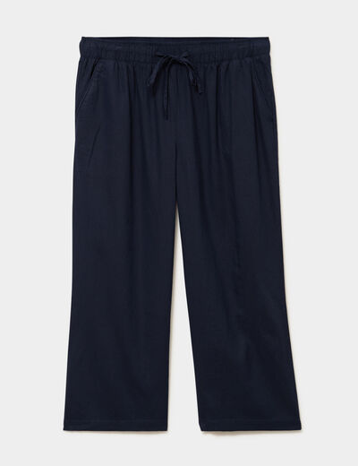 Pantalon large cropped lin m&eacute;lang&eacute; bleu fonc&eacute; femme grande taille