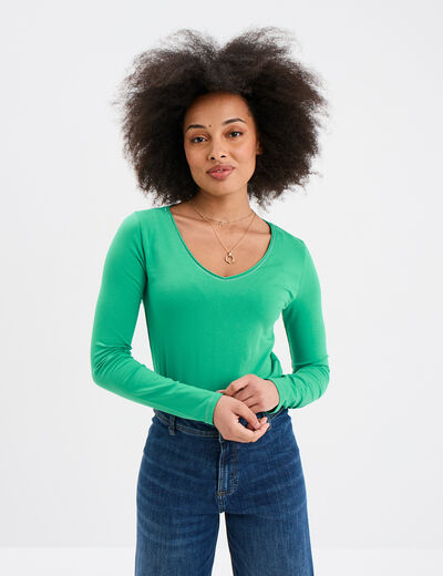 T-shirt manches longues col en V coton vert femme