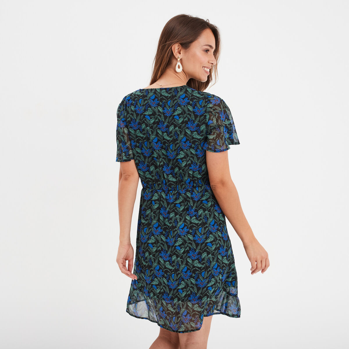 Robe col cache-coeur manches papillons vert femme