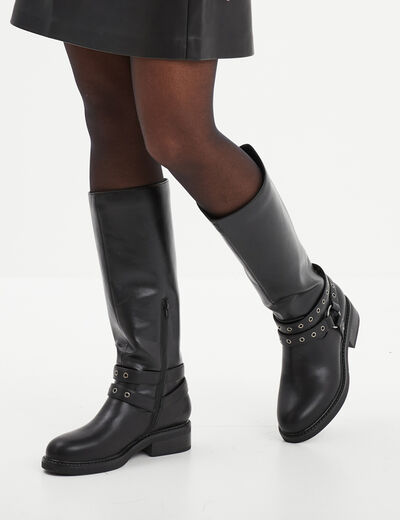 Bottes talons plats brides à oeillets noir femme