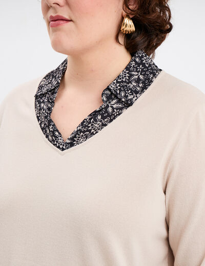 Pull 2-en-1 col chemise manches 3/4 noir femme grande taille