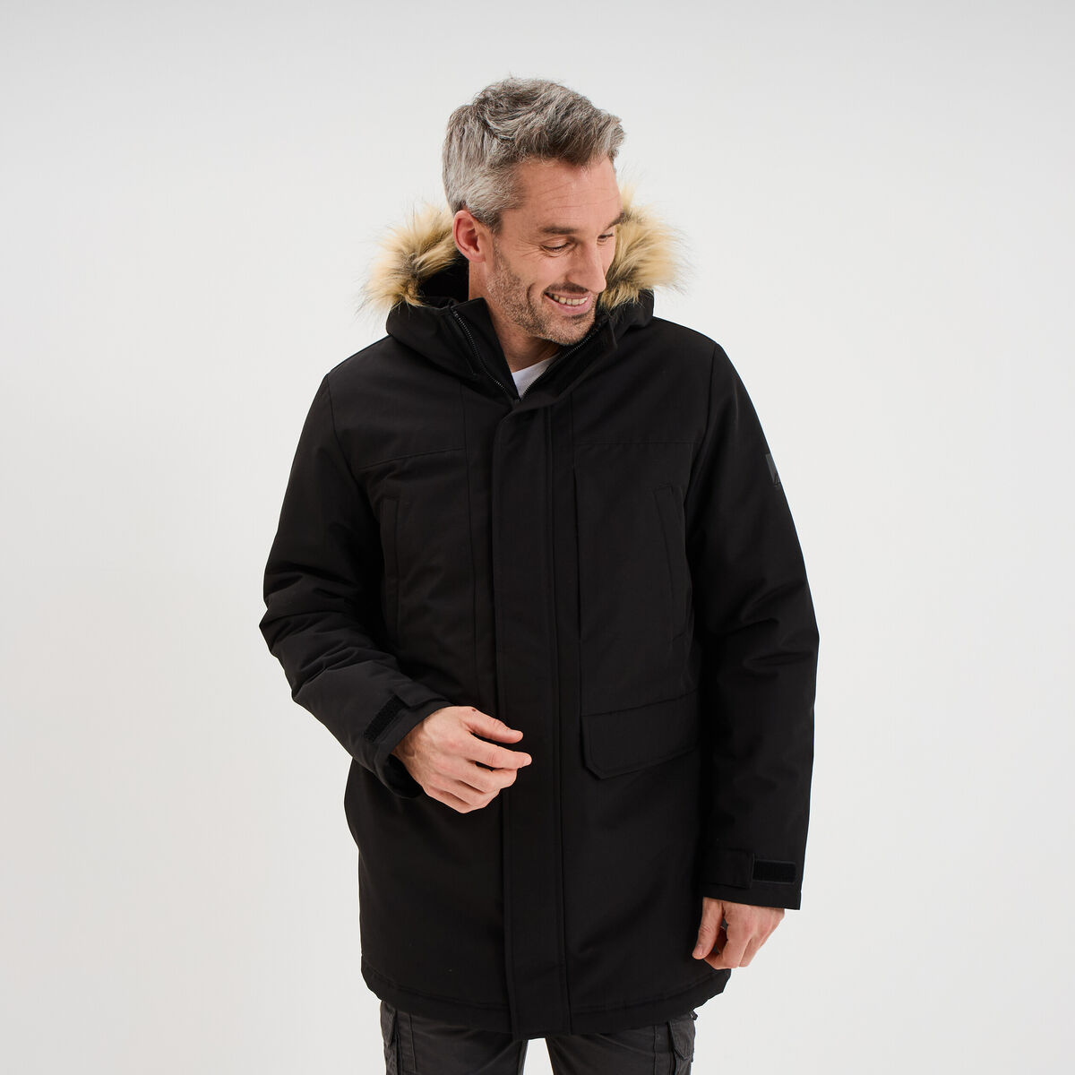 Parka &agrave; capuche fausse fourrure noir homme