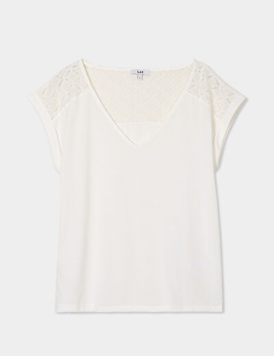 T-shirt col en V dentelle épaules et dos blanc femme