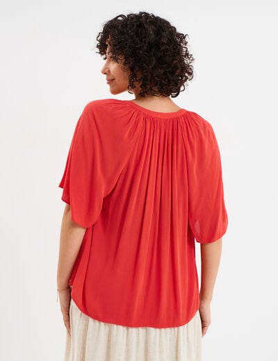 Blouse manches papillons col tunisien rouge femme