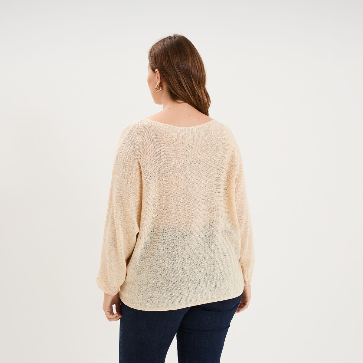 Pull manches longues col rond beige femme grande taille