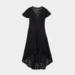 Robe midi col V dentelle et volants noir femme