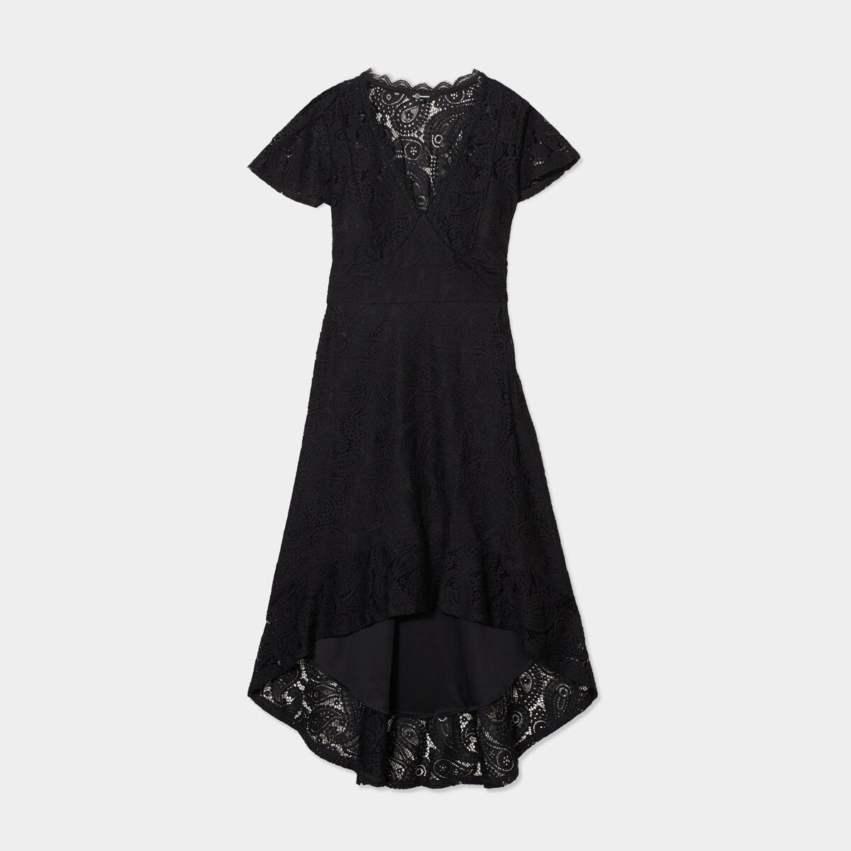 Robe midi col V dentelle et volants noir femme