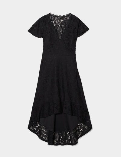 Robe midi col V dentelle et volants noir femme