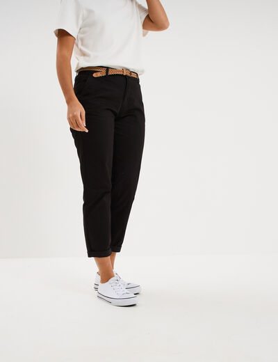 Pantalon chino 7/8&egrave;me ceinture tress&eacute;e noir femme