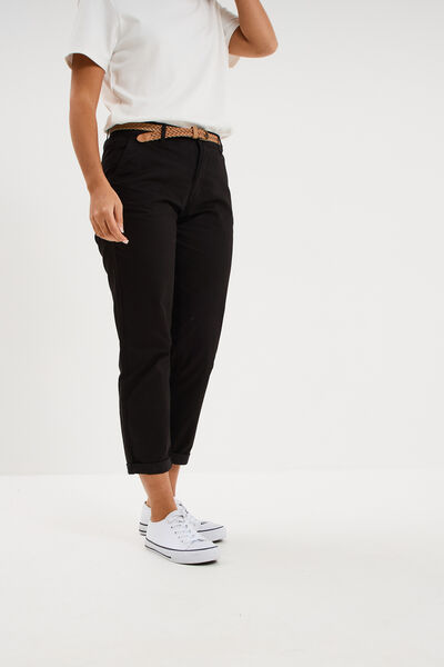 Pantalon chino 7/8&egrave;me ceinture tress&eacute;e noir femme