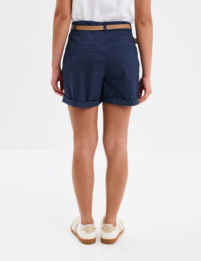 Short chino ceinture tressée bleu marine femme